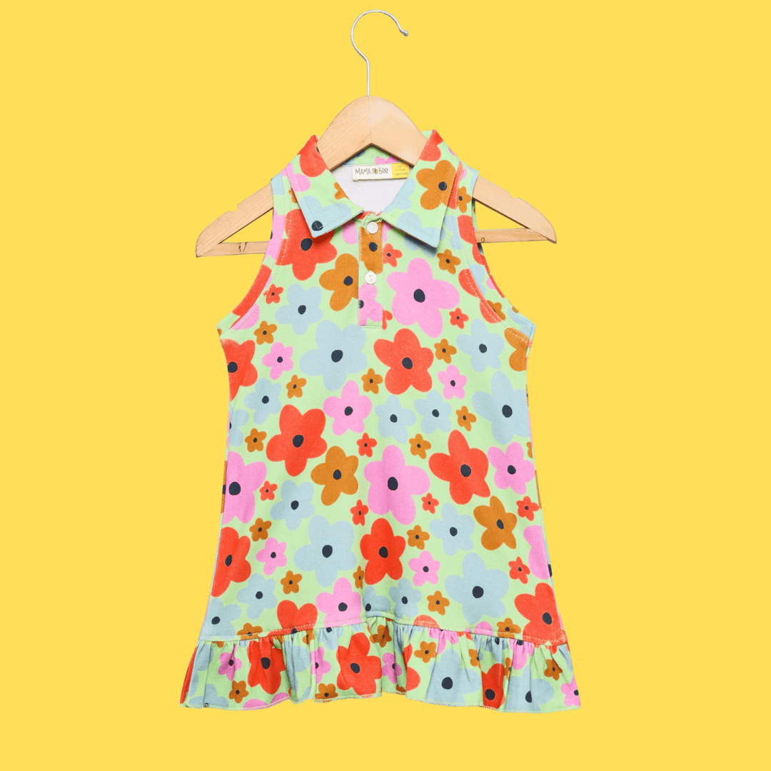Mamatobee Green Floral Sleeveless Polo Dress For Girls